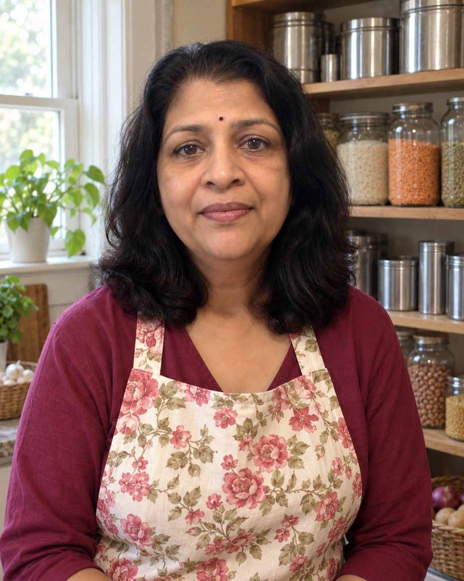Asha Sharma in a maroon top and pink floral apron in her kitchen